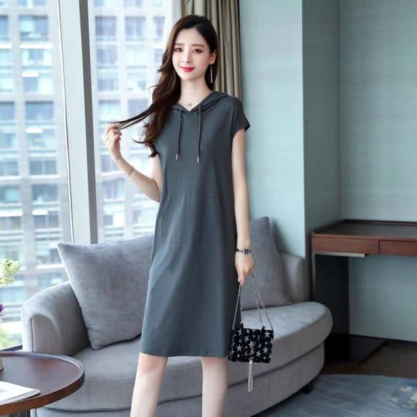 New dress women's summer dress medium length hooded sweater women's casual loose short sleeve skirt cotton