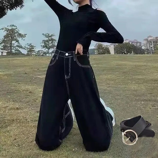 Spring and autumn 2022 black jeans female Korean students loose wide legs high waist versatile straight tube slim pants