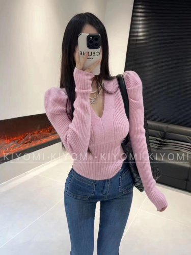 2022 Winter New Korean Style V-neck Puff Sleeve Knitwear Women's Slim Slim Short Top