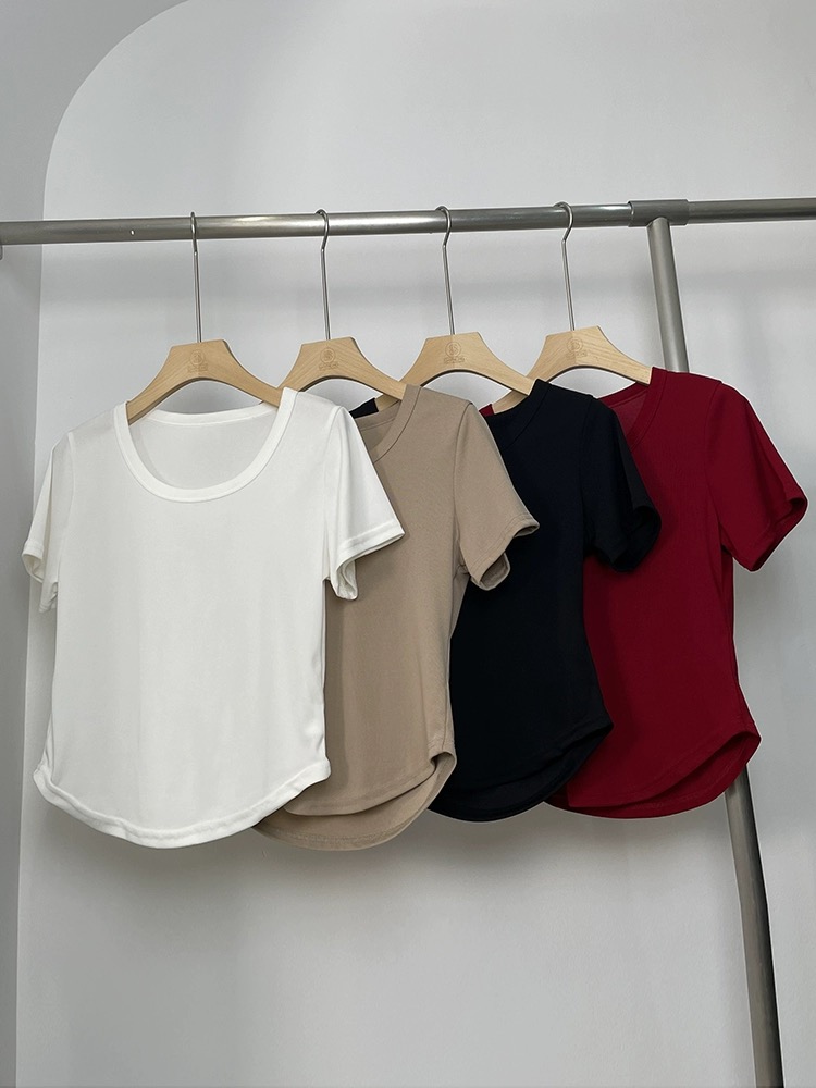 Solid color U-neck short-sleeved T-shirt for women in summer 2024 new European product hot style hot girl slimming loose top