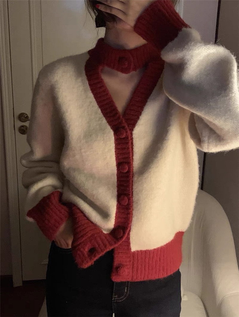 Red retro 2021 autumn and winter new women's wear V-neck hollowed out contrast color sweater women's sweater hanging neck cardigan jacket