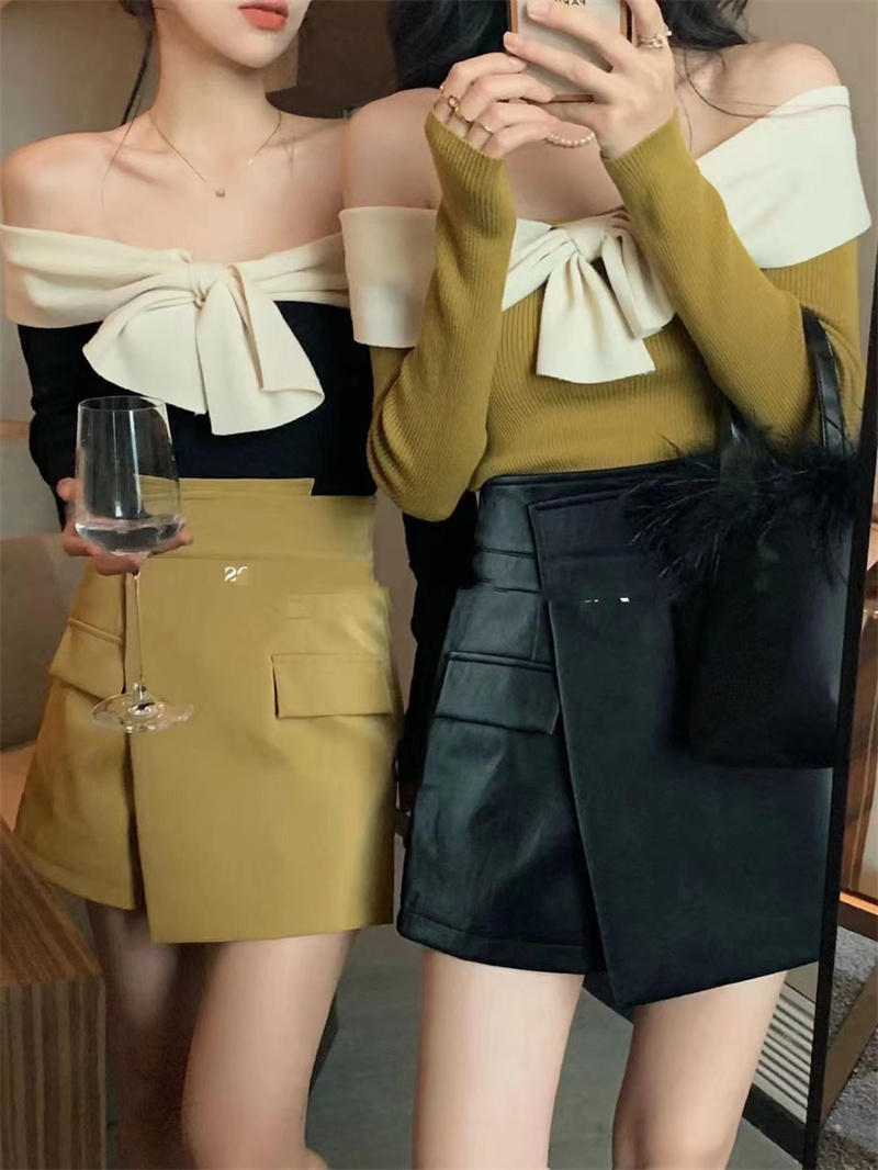 Autumn's new French style short bow all-match slim slim one-neck top
