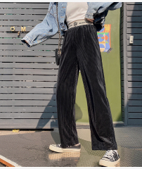 Real shot of autumn gold velvet trousers with high waist and sagging feeling, casual and versatile straight tube floor sweeping wide leg pants