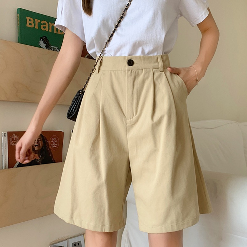 Cotton twill work clothes cropped pants women's loose BF casual shorts retro wide leg pants student pants fashion