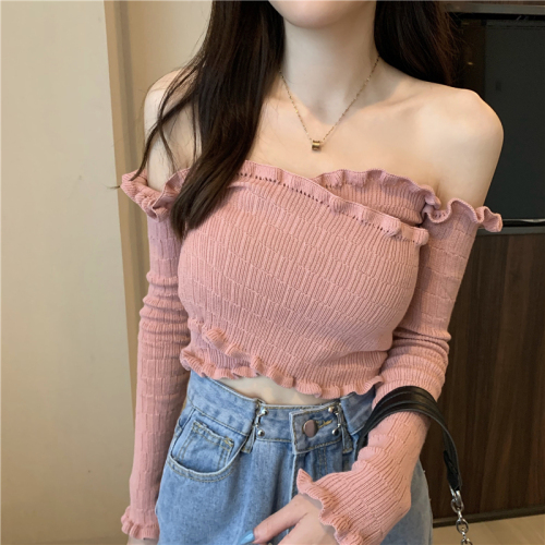 Real shot real price early autumn new one shoulder cross short long sleeve lace T-shirt