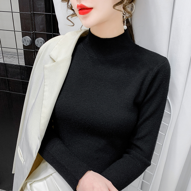 Real shooting 2021 new autumn and winter with white half high collar bottoming shirt women's long sleeve knitted black early autumn top