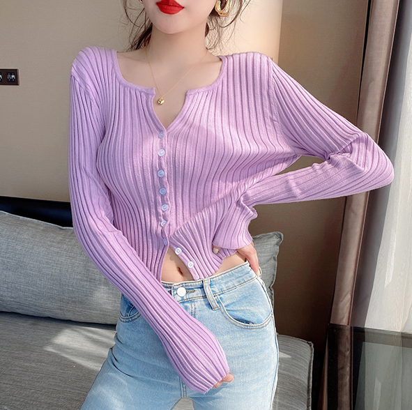 Early autumn V-neck candy color knitted cardigan new thin style underlay Shirt Short versatile top