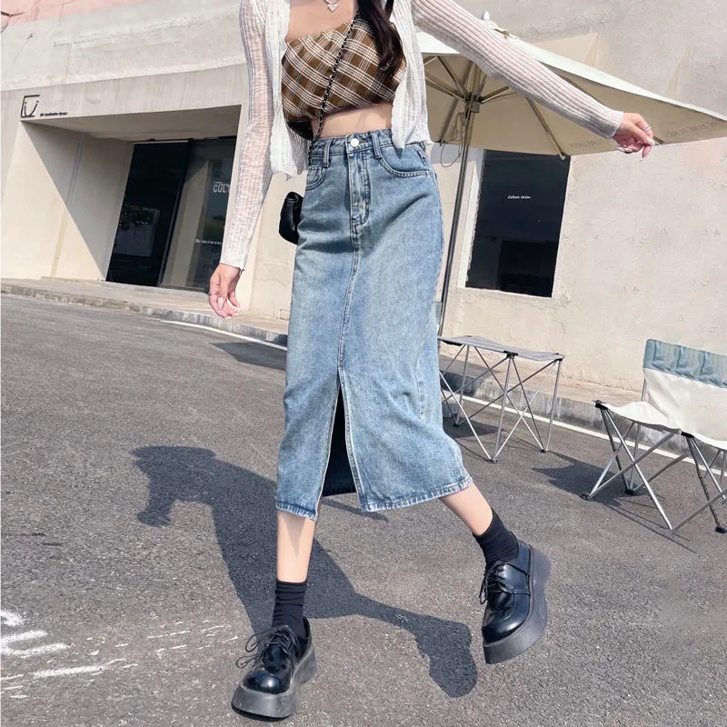 High waist slim denim skirt women's spring 2022 new a-word retro split mid length Hip Wrap Skirt