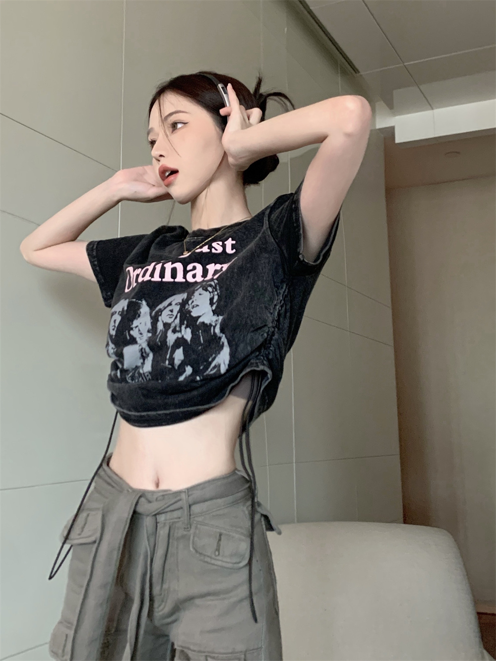 Official image/pure cotton wash water/real price short-sleeved t-shirt women's drawstring short hot girl crop top