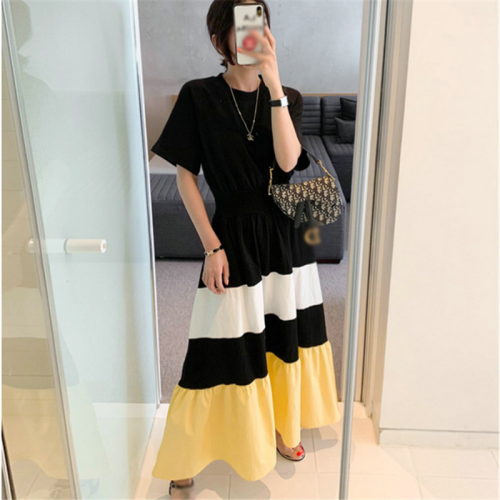 Dress women 2020 new color contrast long over the knee Slouchy big skirt children