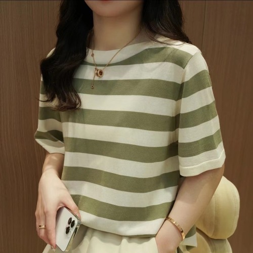 Mulberry silk blended striped short-sleeved loose top 2023 summer new round neck fashion contrast color T-shirt women