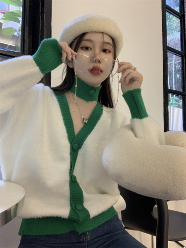 Real price ~3 colors / new style in autumn and winter, foreign style, color contrast, exposed collarbone, careful machine sweater, cardigan, top fashion