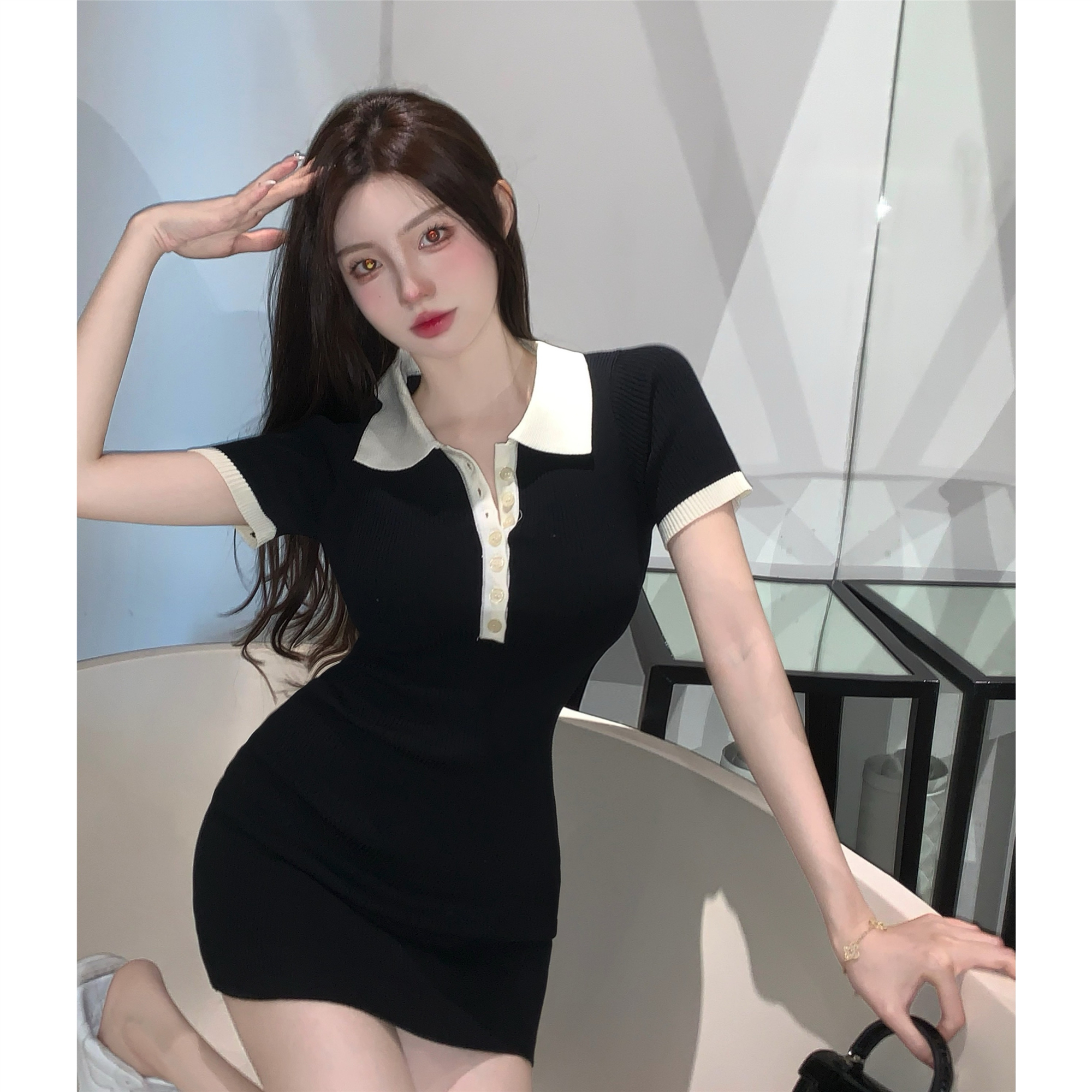 Real price hot girl button contrast polo collar knitted short sleeve dress high waist slim elastic Hip Wrap Skirt