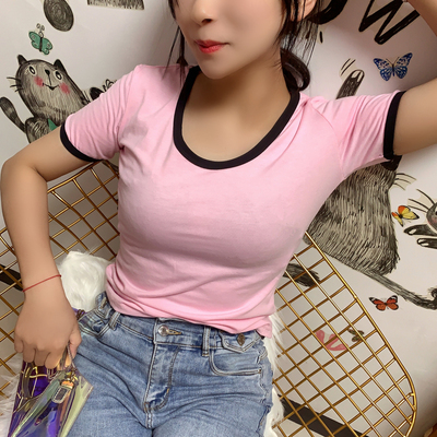 Real photo 65 / 35 cotton short sleeve T-shirt women's slim U-neck solid color new versatile bottoming summer top