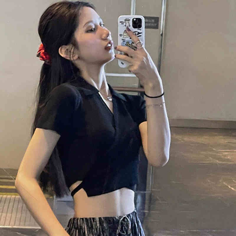 Spice Girl Style polo collar short sleeve T-shirt women's summer fashion design sense of minority bandage slim and navel exposed short upper clothes