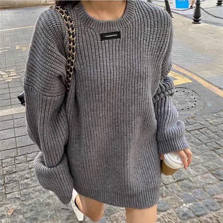 Korea 2021 autumn winter new temperament round neck label candy color Pullover long sleeve knitted sweater