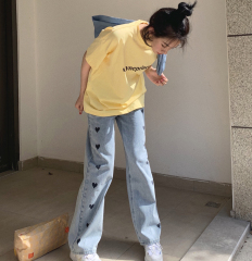 Real photo 2021 summer new love jeans women's straight tube loose high waist show thin wide leg drop feeling pants