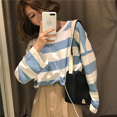 Fall 2020 new Korean loose and versatile color matching stripe long sleeve T-shirt Harajuku tops ins