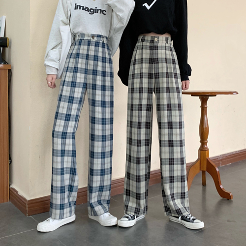 Real price ~ wide leg plaid pants women's 2021 spring new loose and versatile Korean straight casual floor pants