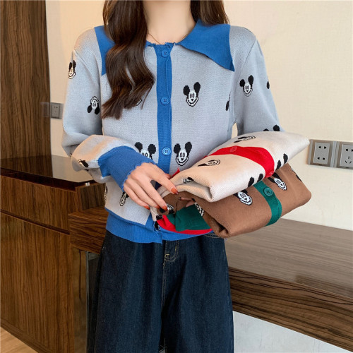 Real shot contrast color Lapel Mickey knitted cardigan sweater women's 2021 autumn new Korean slim versatile top