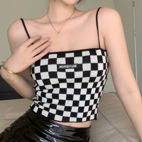 Chuu chessboard style unique small suspender vest women's  summer new pure slim super fire inner top