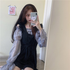 Real shot sleeveless strap dress lace one neck waist short chiffon shirt suit