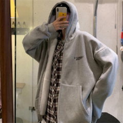 Plush grey hooded Zipper Jacket Women's printed cardigan zipper jacket fashion