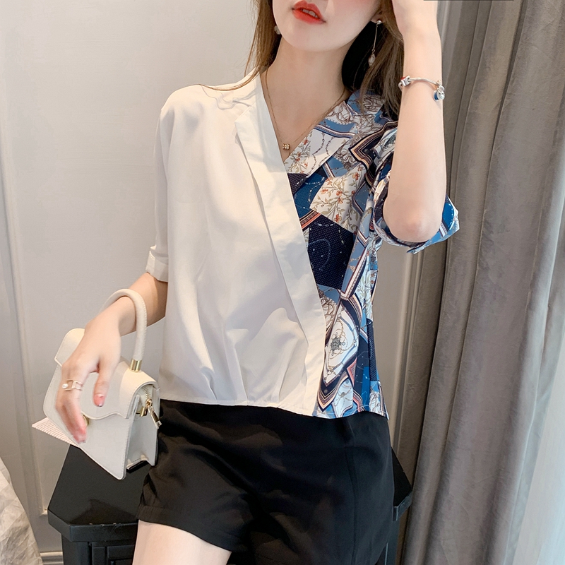 Contrast stitching V-neck shirt women's 2021 summer new style chiffon short sleeve top design