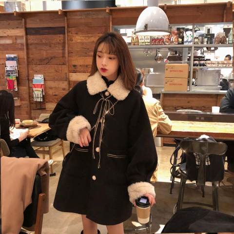 Xiaoxiangfeng imitation lamb wool woolen coat new college style medium long woolen collar woolen coat winter