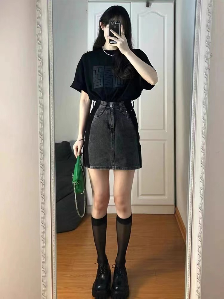 Pear-shaped figure denim skirt female 2023 summer new high waist hip-covering loose and thin a-line package hip skirt