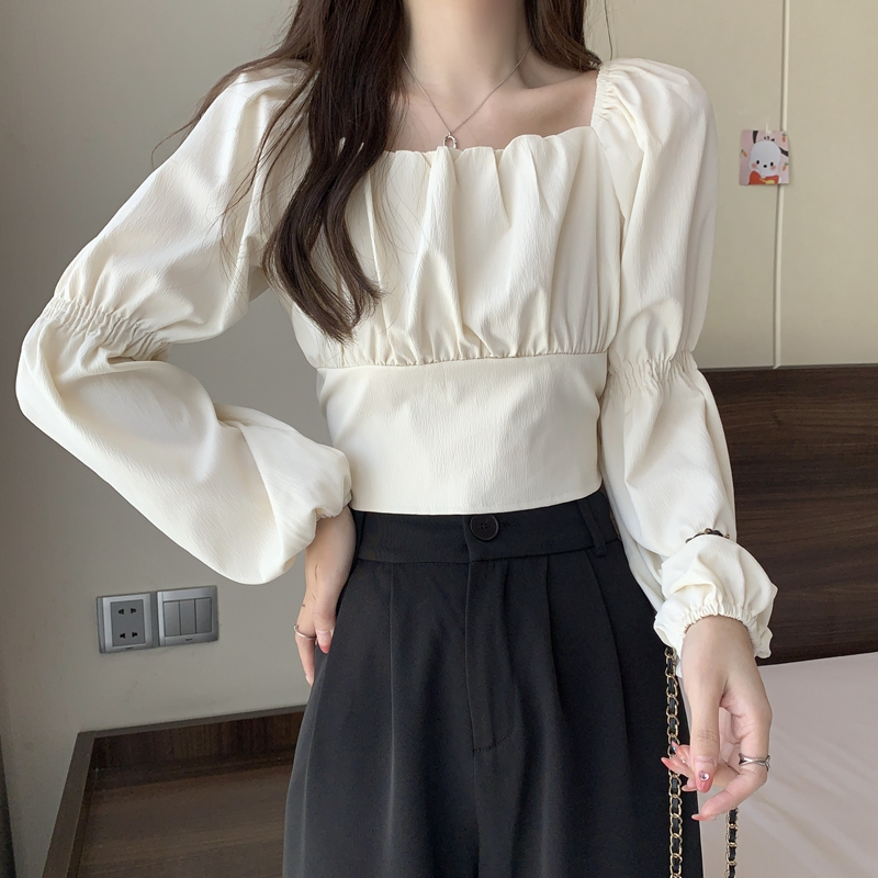 Real shot puff sleeve square collar shirt women's autumn new French niche design feeling scheming bow long-sleeved top