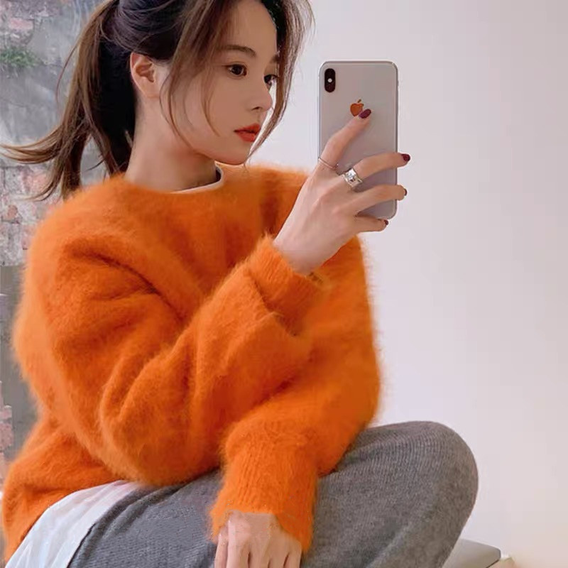 2021 new style outer wearing gentle style college lazy style imitation mink wool two-color sweater for women