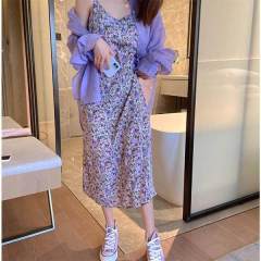 Suspender dress women's summer floral skirt sexy slim temperament retro collar oil painting purple word skirt