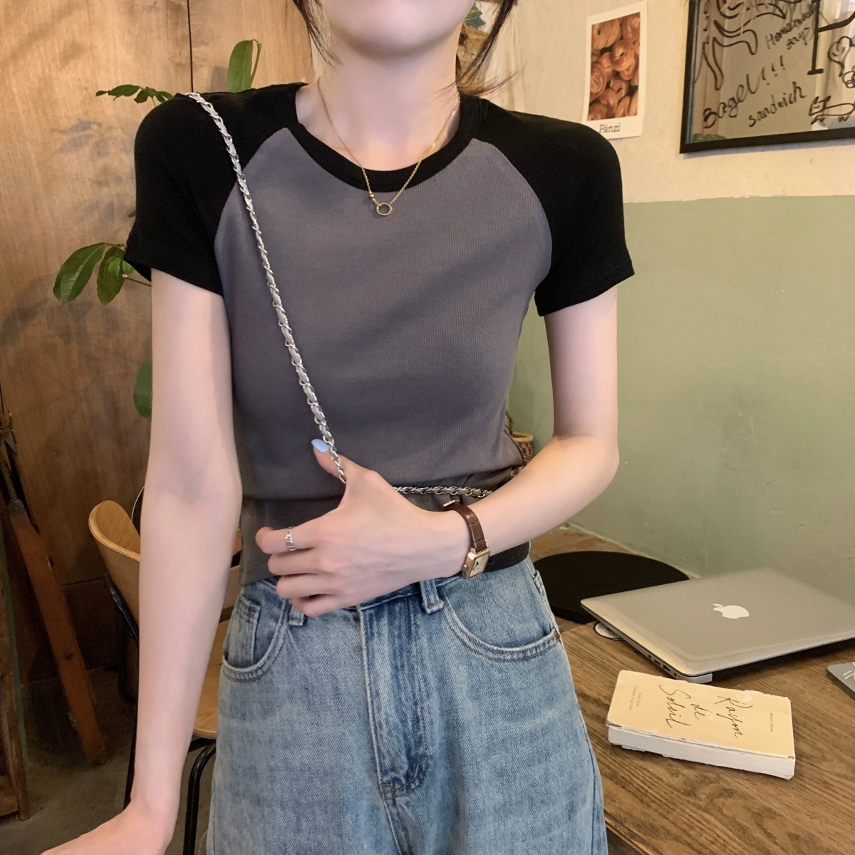 Actual shot and real price. Spring and summer Korean style slim-fitting raglan contrasting color design short-sleeved pure cotton women's top T-shirt.
