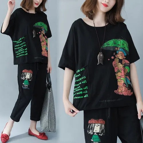 Plus size women's suit 2022 summer new casual sports 5-sleeve T-shirt and 7-piece pants 2-piece set