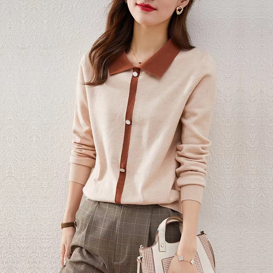 2021 autumn new elegant high elastic polo collar sweater with contrast color small fragrance ins top for women