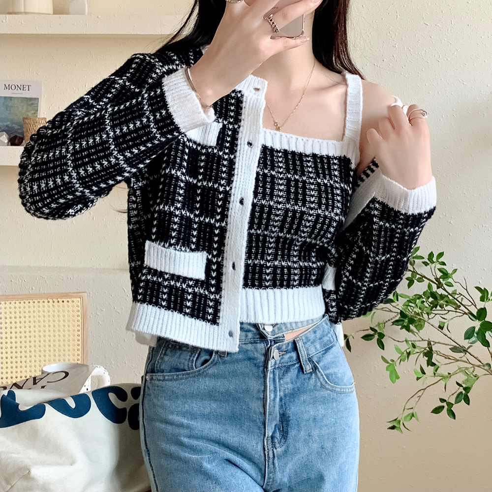 2022 autumn and winter new Korean designer brand ETMON tweed knitted cardigan two-piece set with the same style