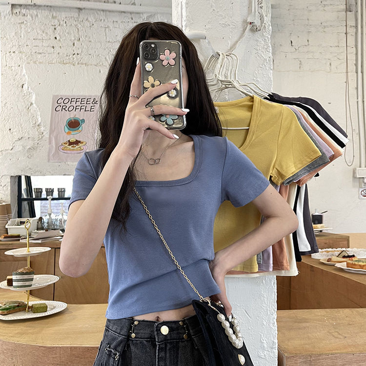 Summer short t-shirt women's solid color high waist slim fit hot girl all-match short-sleeved square collar