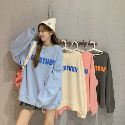 Plus velvet thick sweater women's new Korean version loose printed letters casual mid-length blue top ins