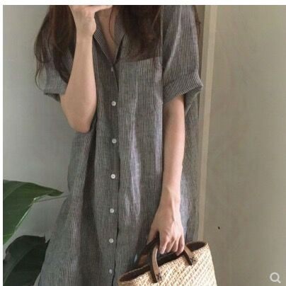 Korean chic style lapel stripe loose medium length short sleeve shirt dress women loose