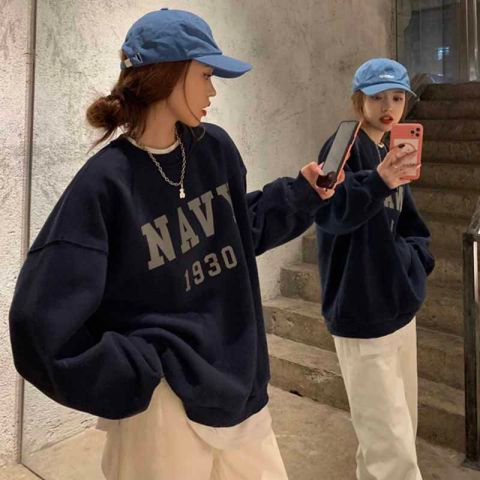 Harajuku BF plus velvet thick pullover round neck sweater female student salt loose top autumn and winter coat lazy wind
