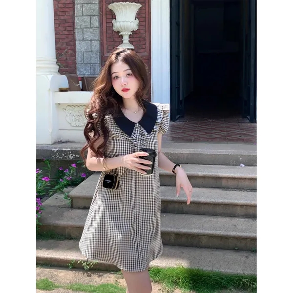 Dress women's retro French doll collar dress women's summer short puff sleeves slim waist little black dress