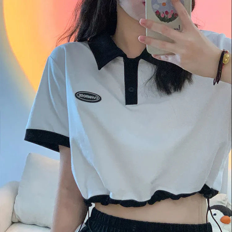 Spice Girls drawstring short sleeve T-shirt women's design sense niche top chic polo shirt contrast color