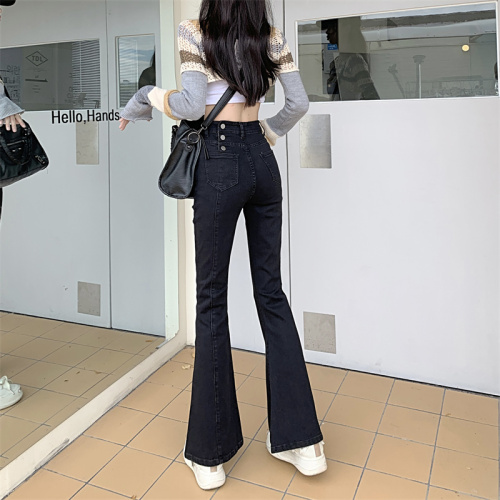 Real shot new high-waisted slim women's flared pants jeans autumn small black straight-leg trousers