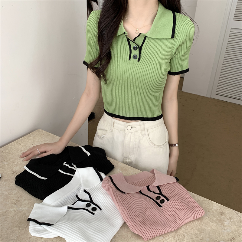 Real shooting real price summer Korean version of self-cultivation pure desire polo collar niche knitted short-sleeved women's top