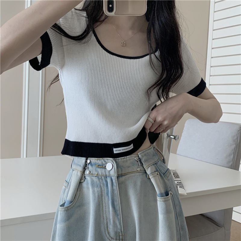 Real price summer new vintage design sense knitwear short sleeved top