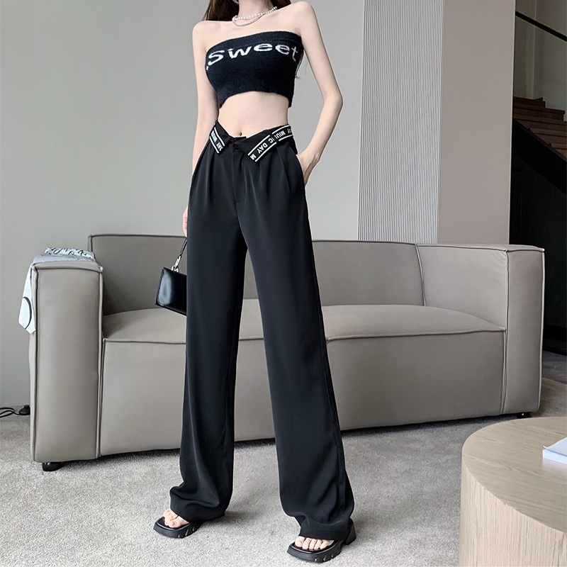Korean design sense cuffed letter printing high waist loose pants women's summer 2022 foreign style versatile wide leg pants trend