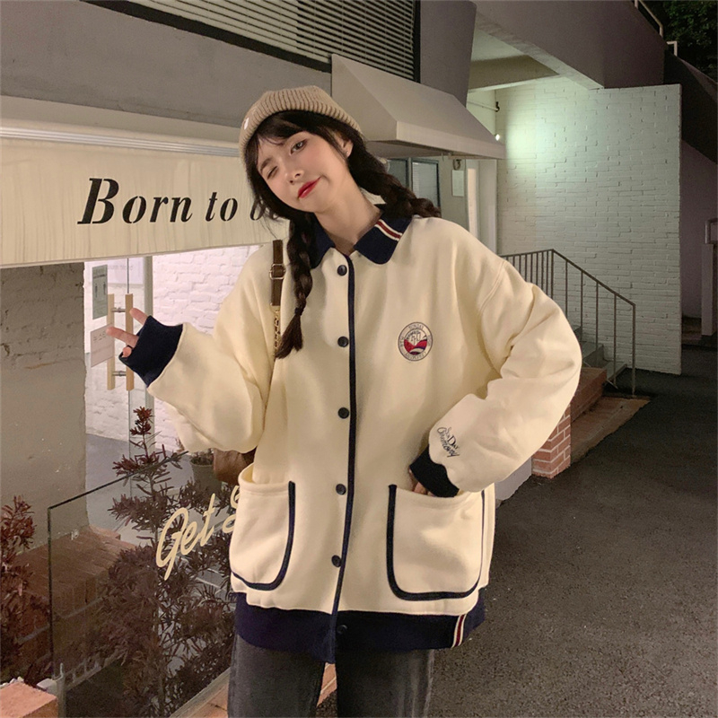 American hiphop tide brand polo collar jacket female autumn and winter ins tide loose Harajuku style plus velvet thick baseball uniform