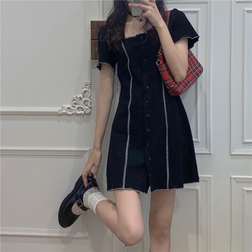 Real shot real price Bi into small black dress ~ careful machine girl group style black cardigan breasted Dress Medium Length