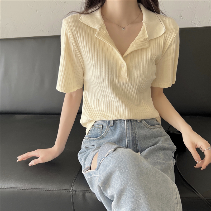 Real Price vintage polo collar T-shirt short sleeve T-shirt solid color top